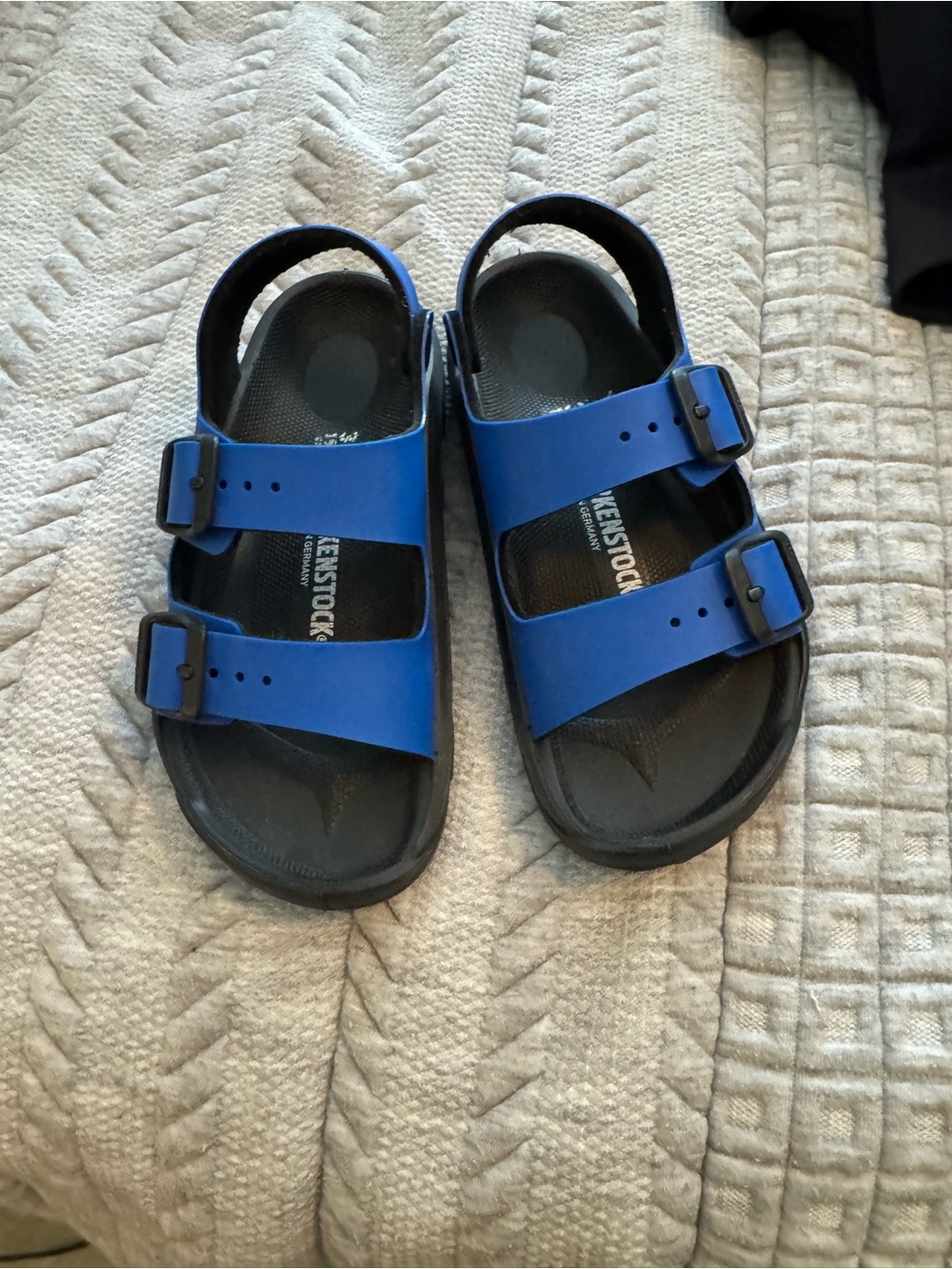 Birkenstock Kids Double-Strap Sandal in Bright Blue with Black Sole